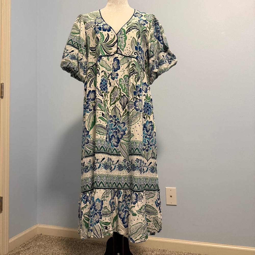 Fig+Flower Linen Blend Short Sleeve Floral Print Belted Midi Dress Size L